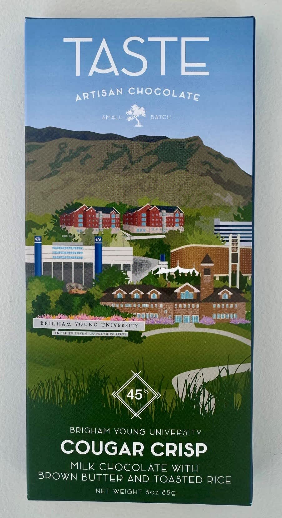 Box of Taste artisan chocolate with a Brigham Young University campus illustration