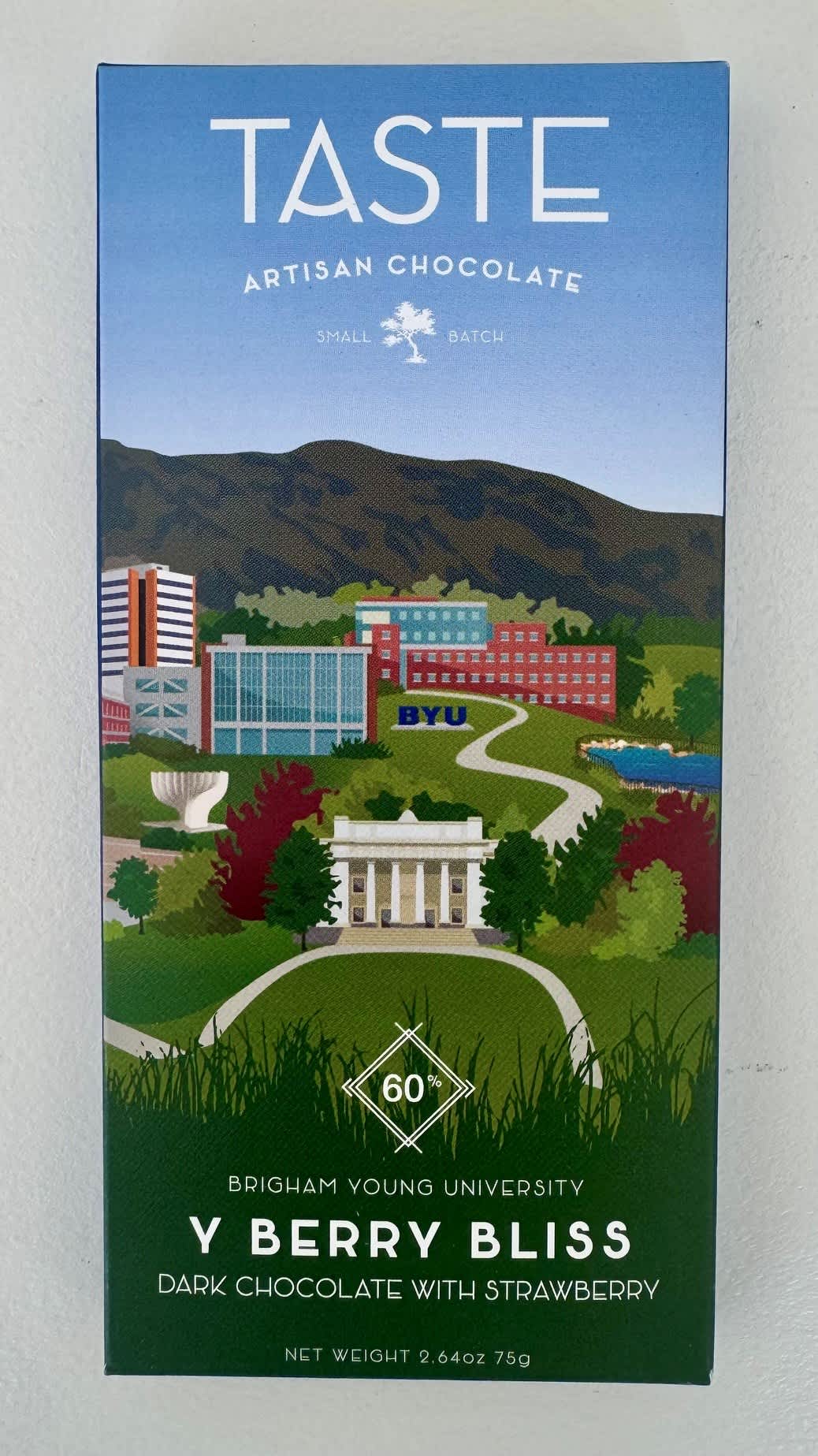 Box of Taste artisan chocolate with BYU campus artwork