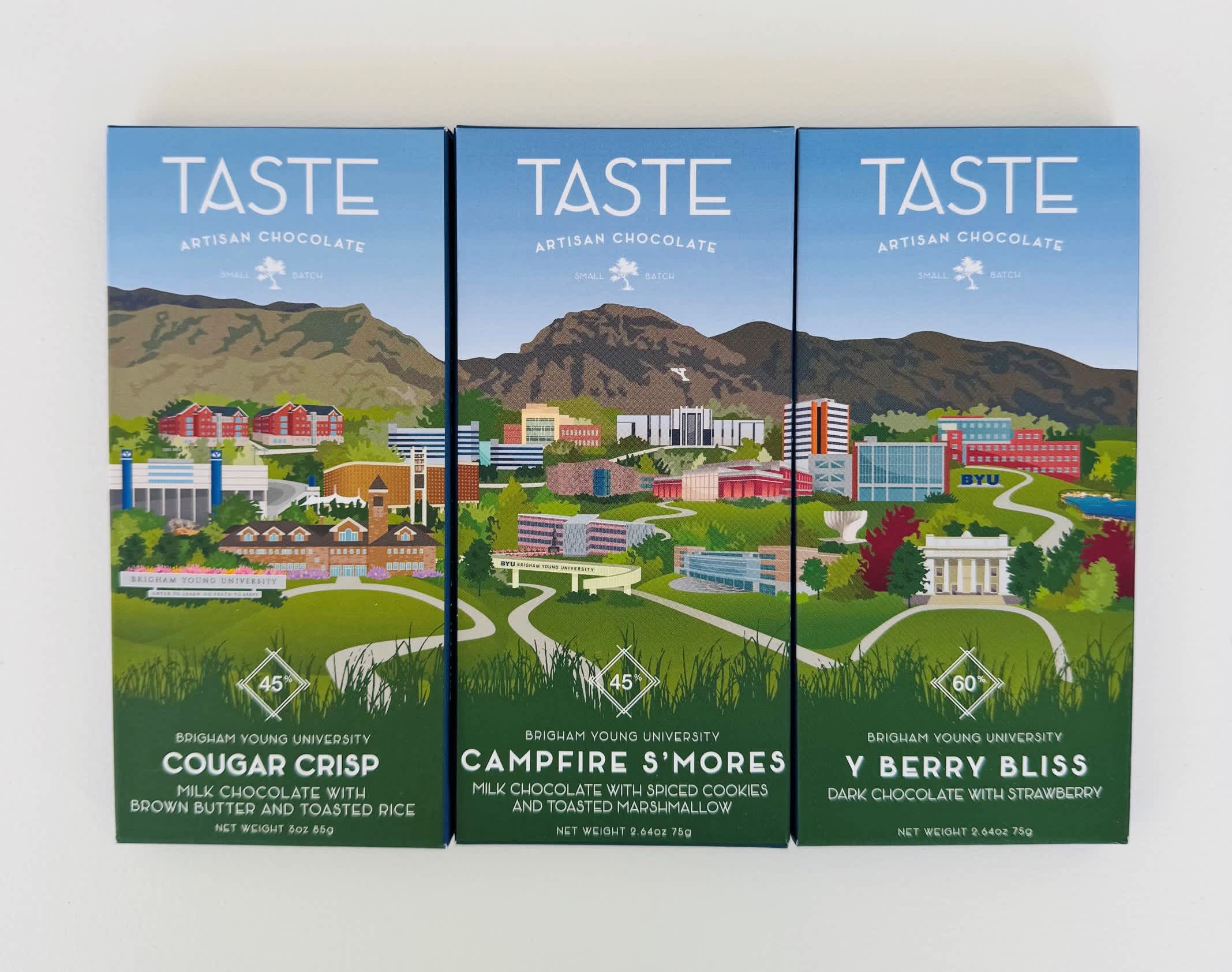 Three boxes of artisan chocolate with illustrated campus scenes