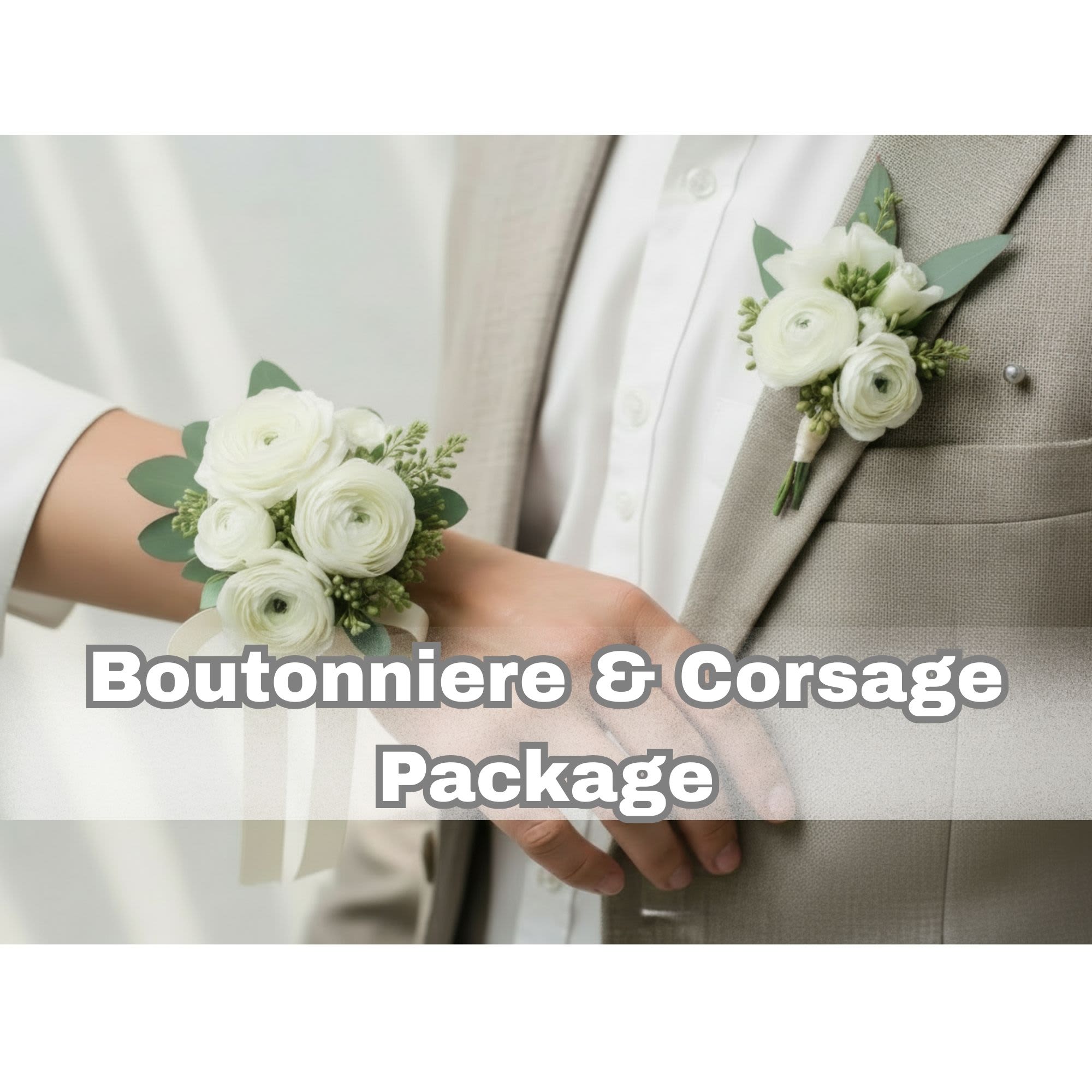 White boutonniere and corsage on a beige suit and wrist