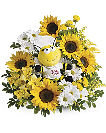 Sunflower and daisy arrangement with a plush bee centerpiece