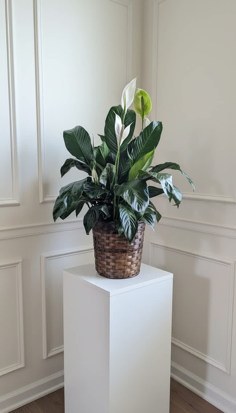Potted peace lily in a woven basket planter on a white pedestal