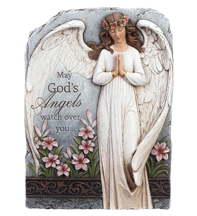 Angel memorial plaque with pink flowers and the text 'May God's Angels watch over you...'