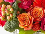 Close-up bouquet of orange and red roses with pink berries