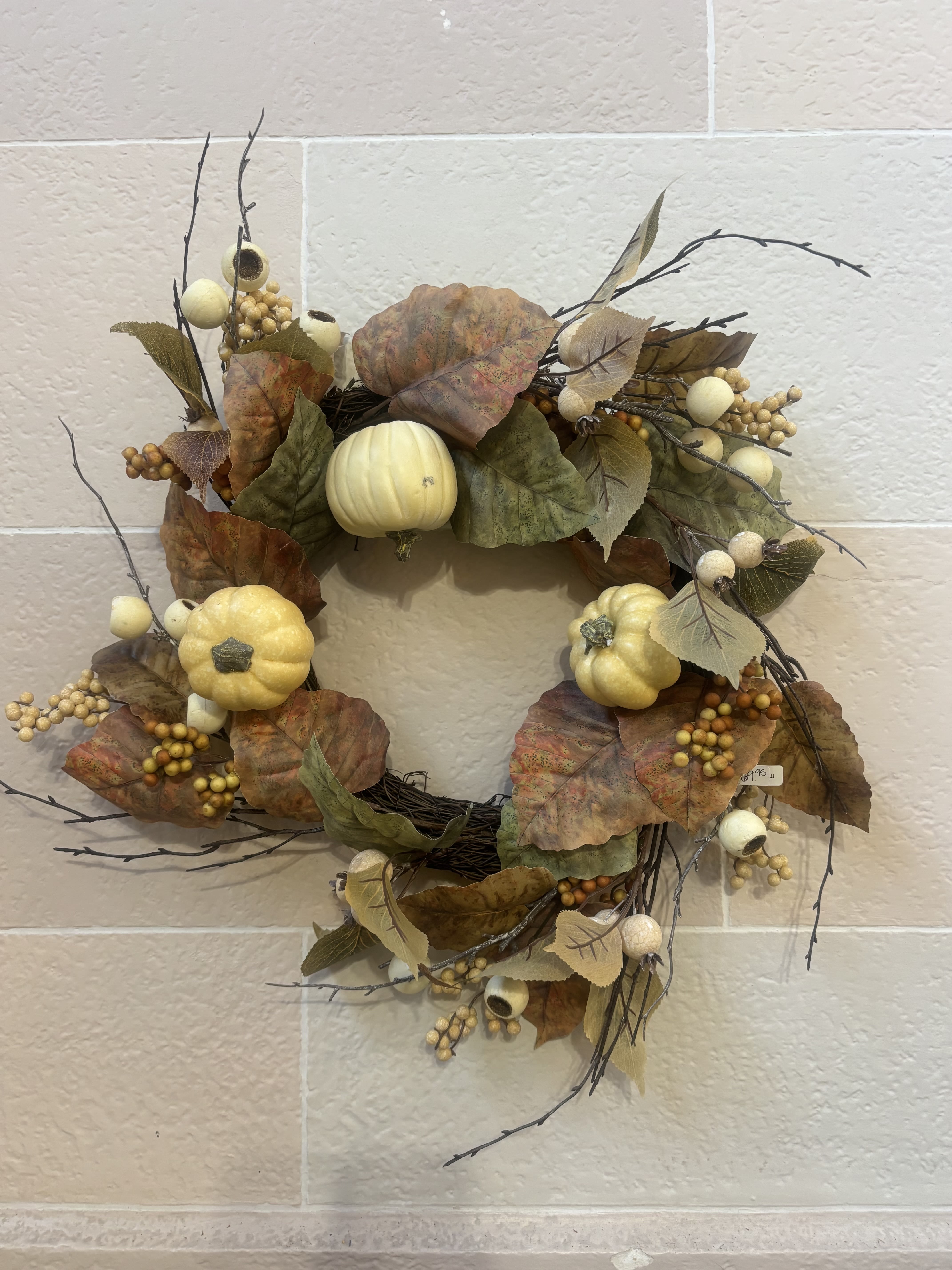 Neutral Fall Wreath - A neutral colored fall leaf with pumpkins, leaves, and berries.