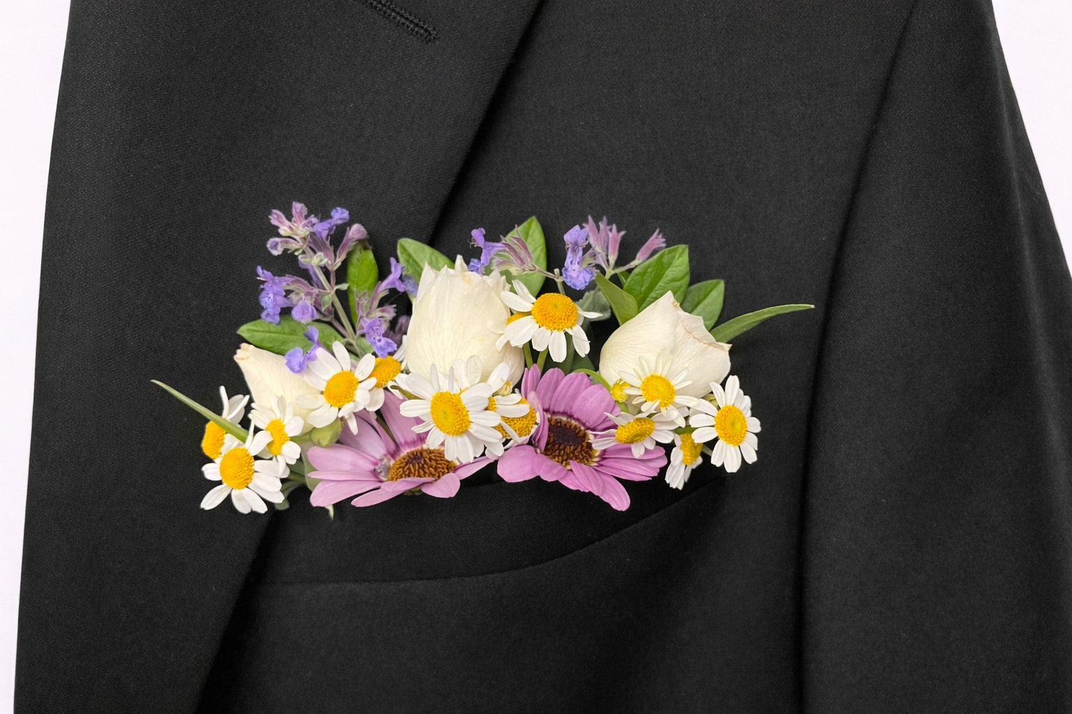Floral boutonniere with white daisies, purple blooms, and cream rose buds on a black jacket