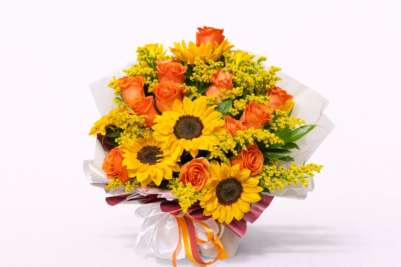 Bouquet of sunflowers and orange roses wrapped in white paper