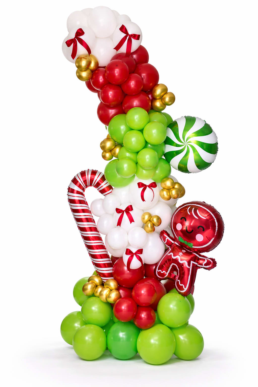 Christmas balloon sculpture with red, green, white, and gold balloons