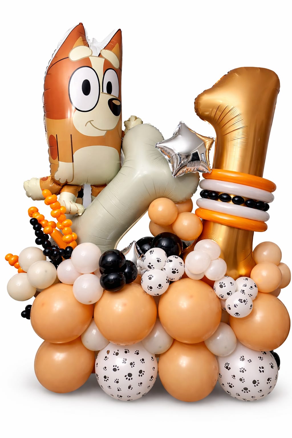 Dog-themed balloon arrangement with a large gold number 1