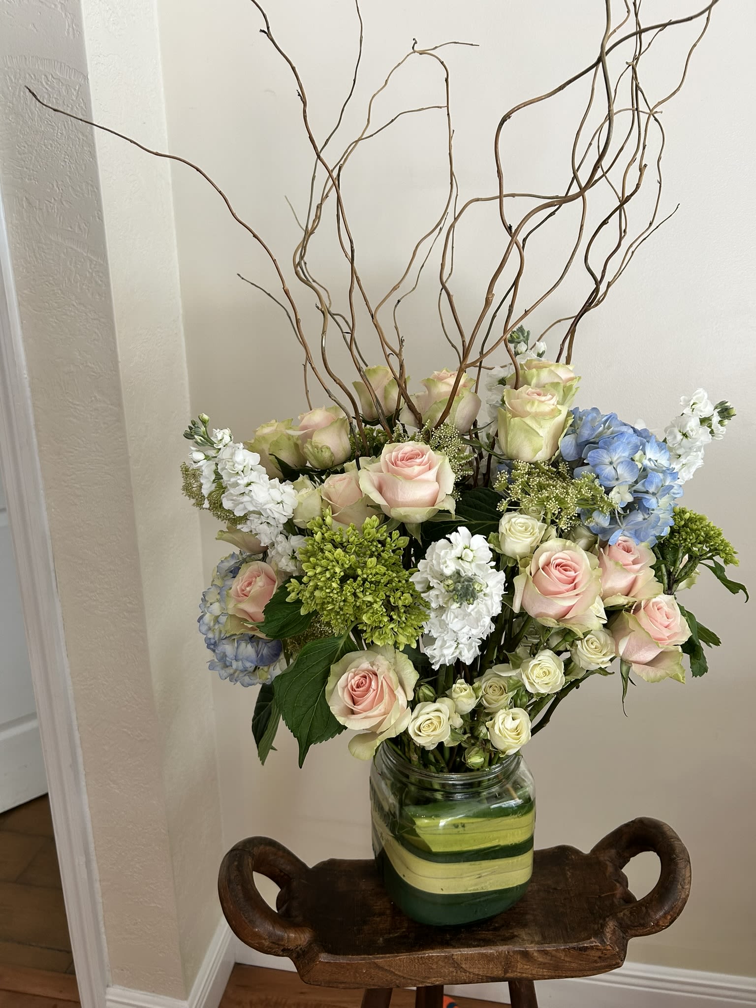 Maidstone - A tender ode to the Hamptons, 2 dozen Roses, Spray Roses, Hydrangeas, Stock, Queen Annes lace, and curly willow branch