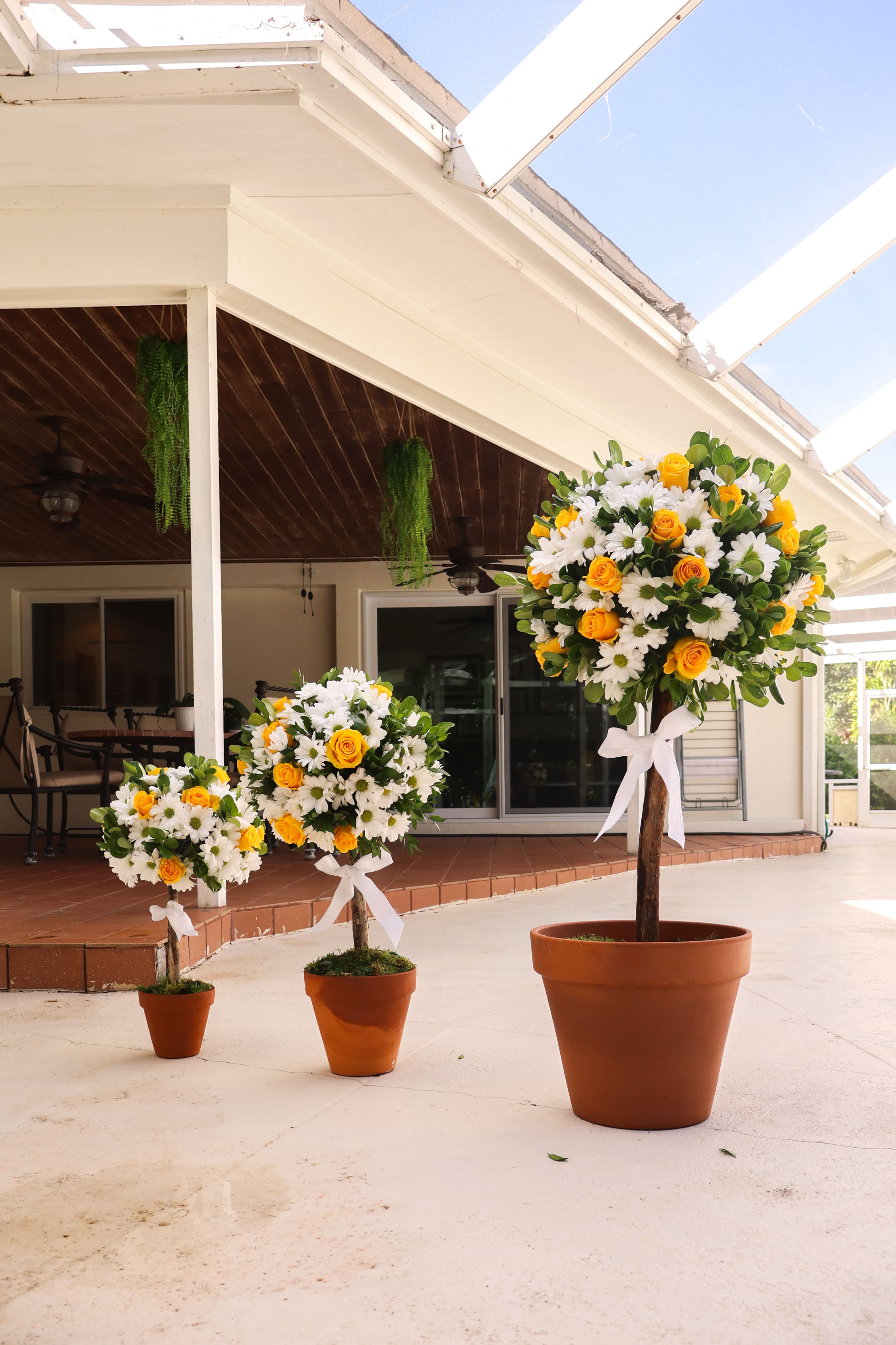 Three potted floral topiary arrangements with white daisies and yellow roses
