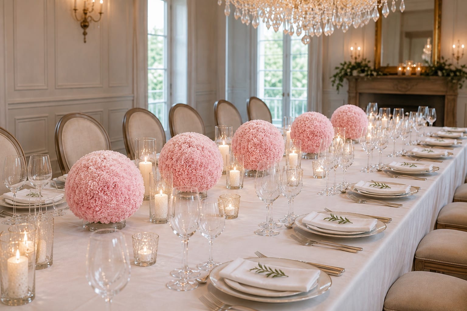 Pink floral spheres arranged along a formal banquet table with candles and glassware