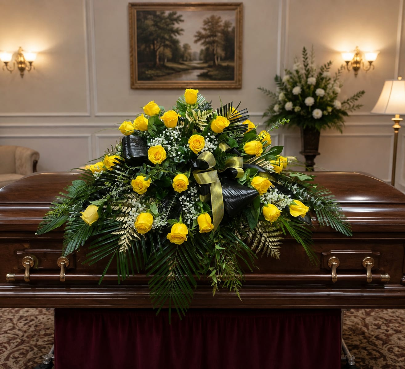 Yellow rose casket spray with greenery and ribbon on a coffin