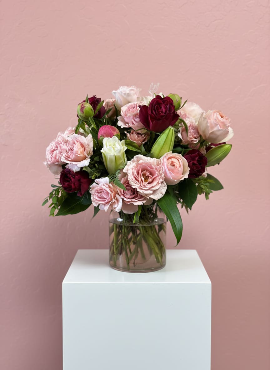 Romantic Blush &amp; Wine Garden Roses - Blush garden roses and delicate spray roses meet deep wine roses and soft lisianthus in this romantic, moody bouquet. Elegant and full, this design is perfect for anniversaries, gifting, or a touch of timeless romance.