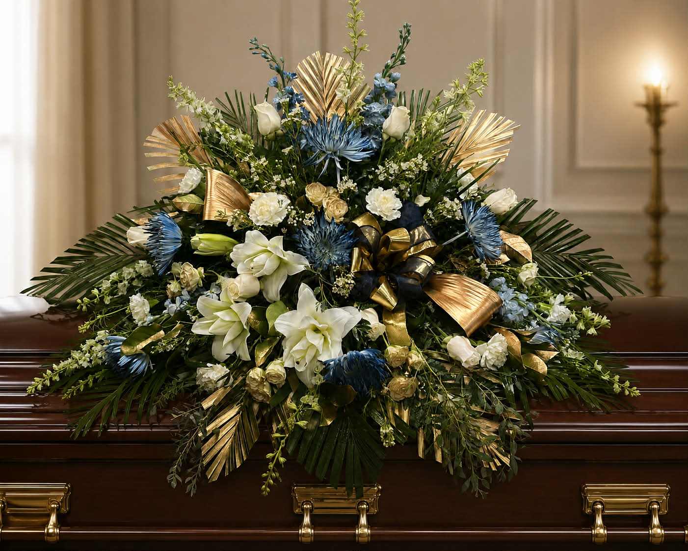 Large floral casket spray with white and blue flowers and gold ribbon accents