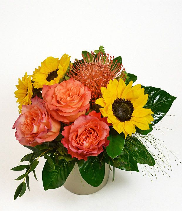 Autumn Spirit - Classic sunflowers, Freespirit roses, and protea accented with seasonal foliage makes a fun seasonal gift.