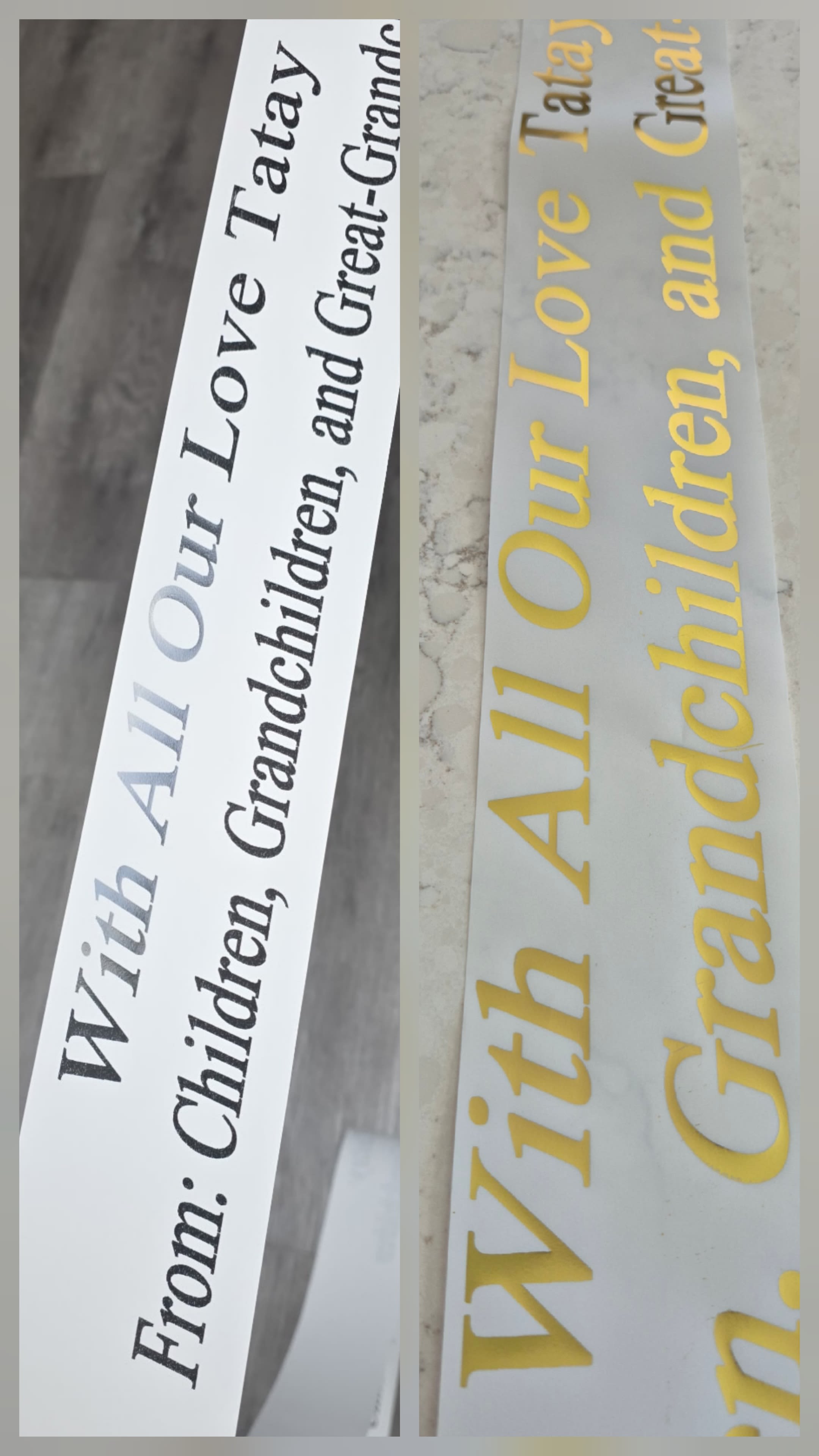 Two printed memorial ribbons with text honoring children and grandchildren.
