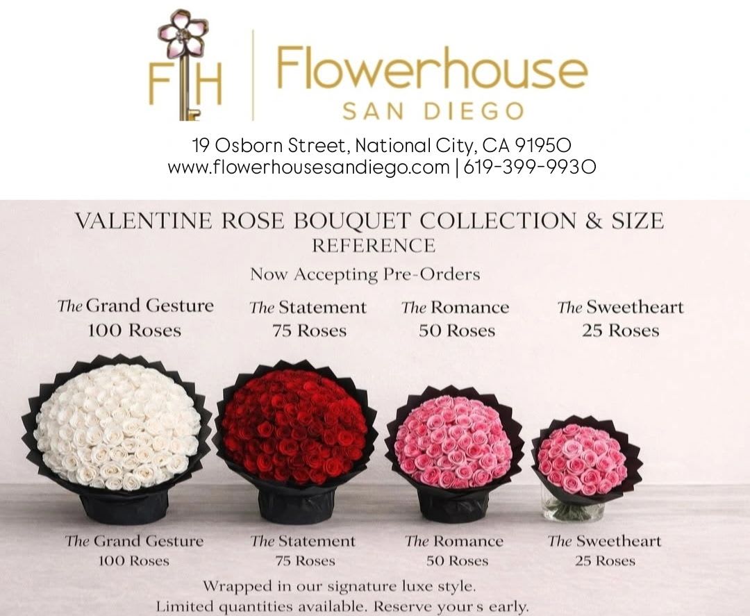 Poster showing four rose bouquets in white, red, and pink.