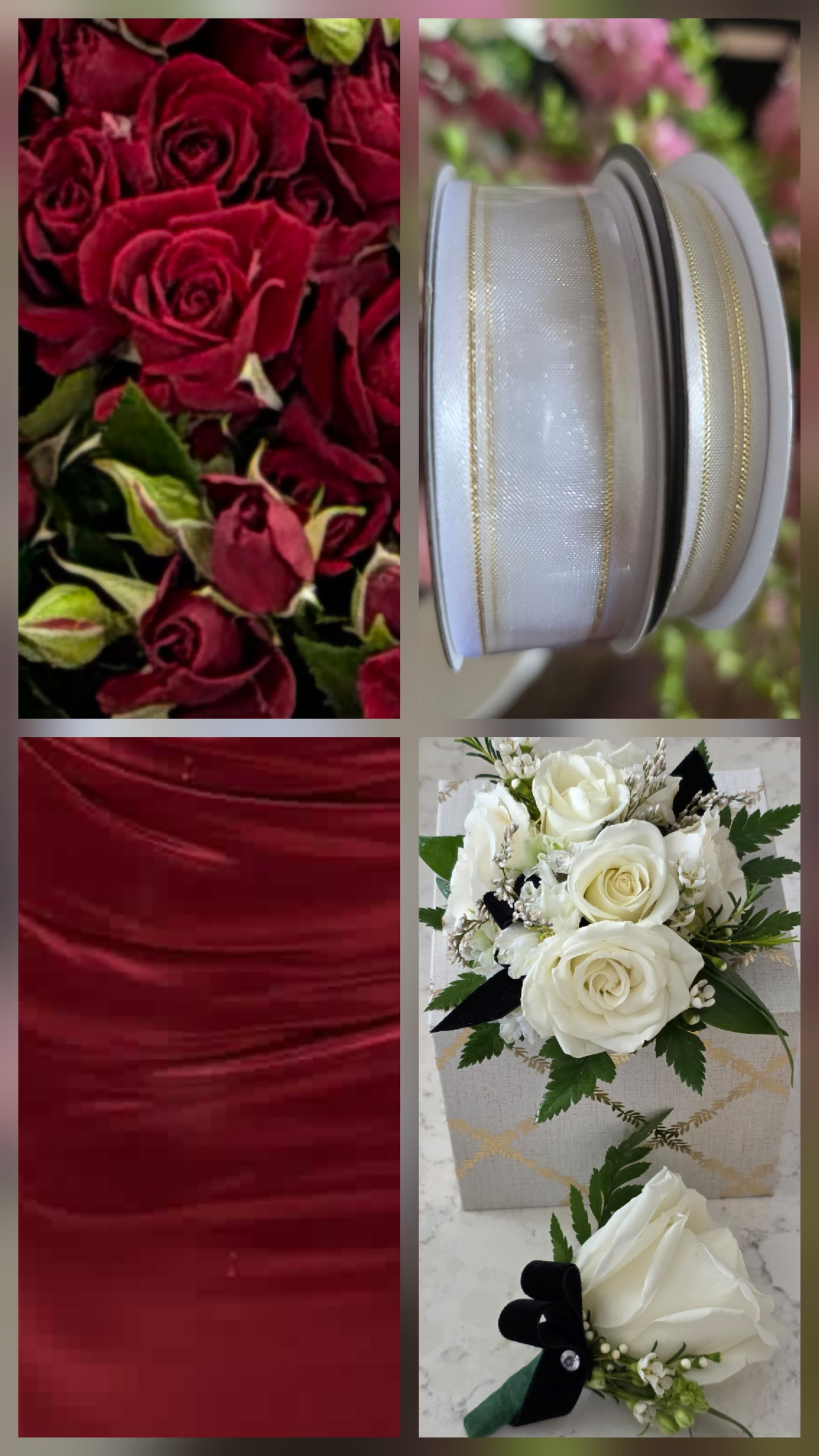 Burgundy Rose Corsage and Boutonniere - Prom, Weddings, Formals - A compact cluster of deep burgundy roses paired with crisp white blooms creates a romantic, formal look perfect for prom, weddings, and other special events. This corsage and boutonniere set-designed for dance nights, bridal parties, or anniversary formals-uses the contrast of red and white roses with green foliage and black satin accents to make the person wearing it feel elegant and seen.  The set includes a burgundy rose corsage and a matching white rose boutonniere, accented with greenery, small filler blooms, and black satin ribbon finished with a decorative bow. Hard goods supplied are a boutonniere pin, a spool of coordinating ribbon (black and white satin with gold-edged options visible), a ribbon spool for tying, and a gift box for presentation. The color palette of deep red, bright white, green foliage and black ribbon gives a classic, photo-ready contrast.  Made to coordinate across bridal parties or prom couples, this pairing reads as both timeless and intentional-the kind of accessory that complements tuxedos and formal gowns while signaling romance or celebration. Order with confidence for same-day or event delivery when available; store the pieces in a cool place before use and pin the boutonniere onto lapels last to keep blooms looking fresh.