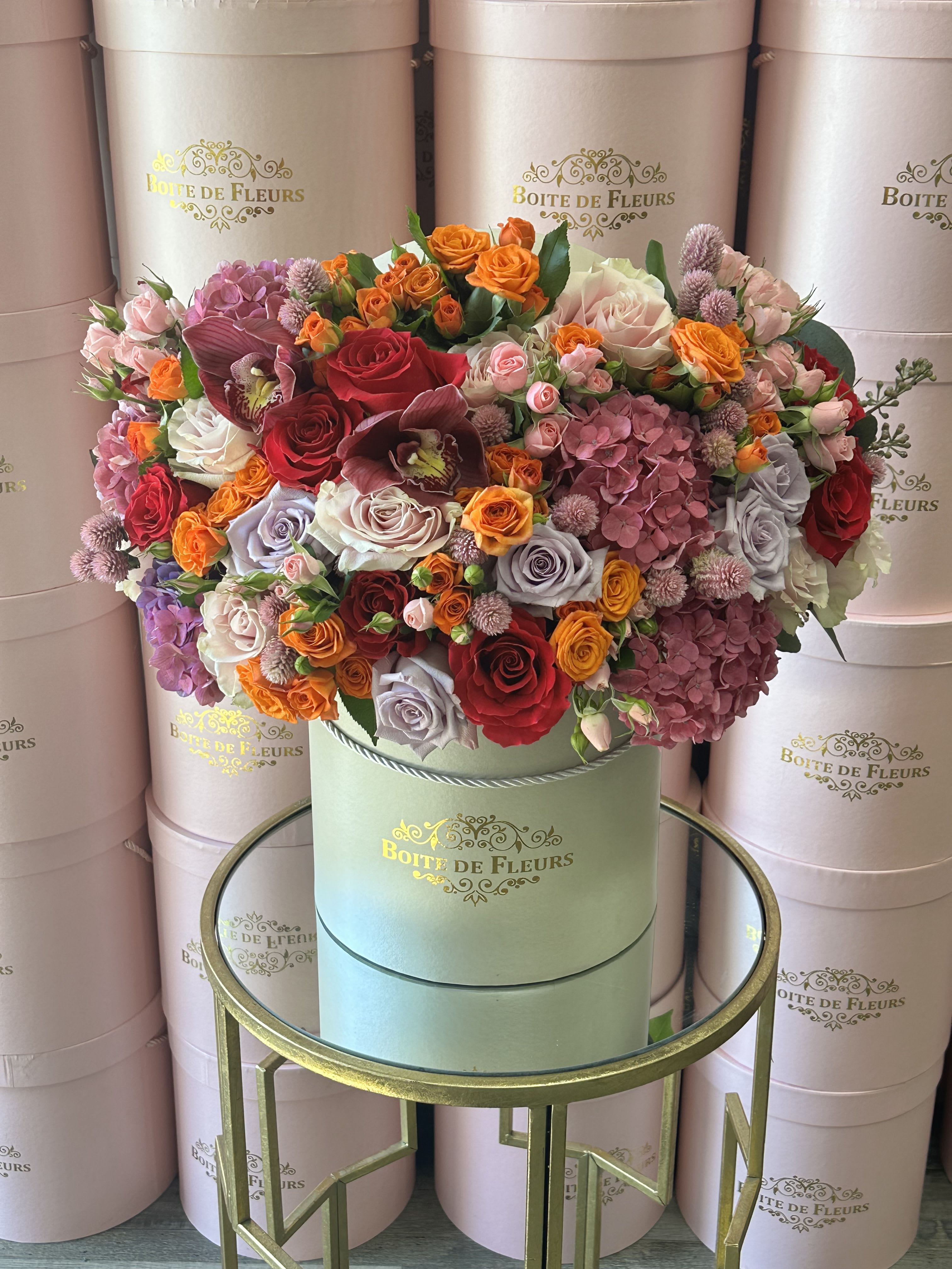Large mixed bouquet of roses and hydrangeas in a round box