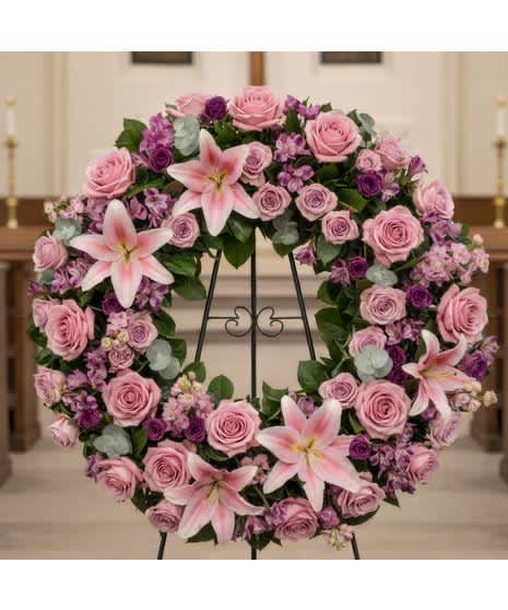 Pink and purple floral wreath on a black stand