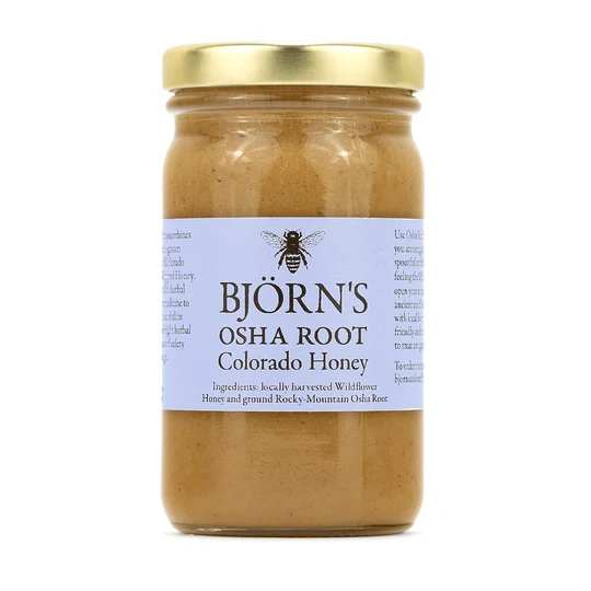 Jar of Bjorn's Osha Root Colorado Honey with a gold lid