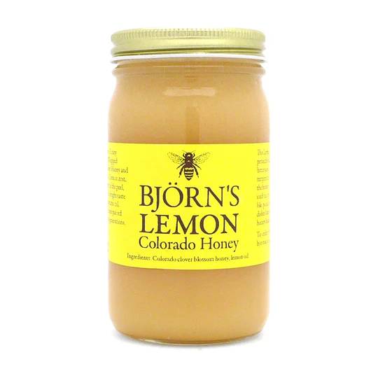 Jar of lemon honey with a yellow label