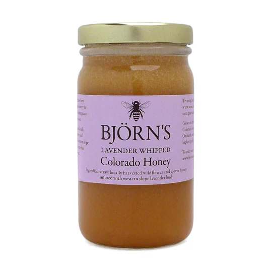Jar of lavender whipped Colorado honey with a purple label