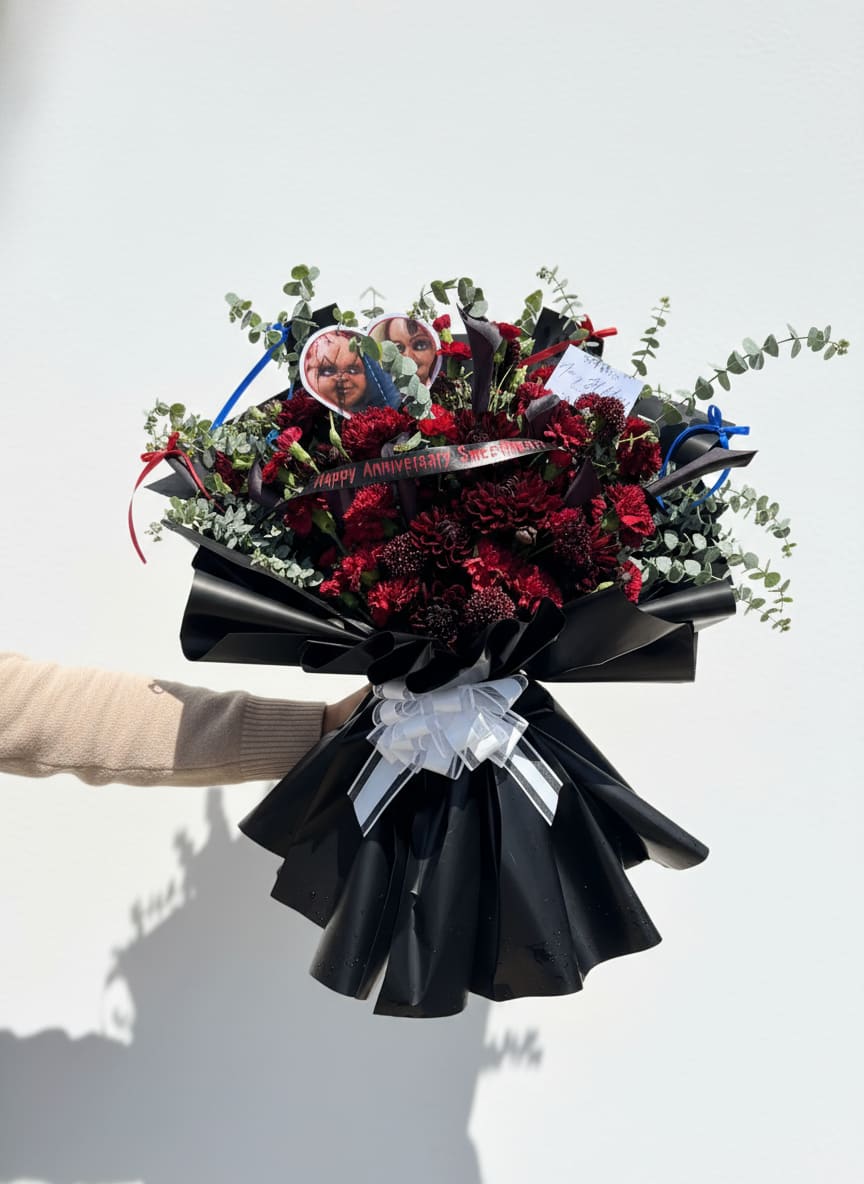 Chucky Themed Bouquet - A Chucky and his bride-themed bouquet. Designed with burgundy dahlias and deep purple calla lilies, paired with eucalyptus and beautifully wrapped black Korean-inspired wrapping. 