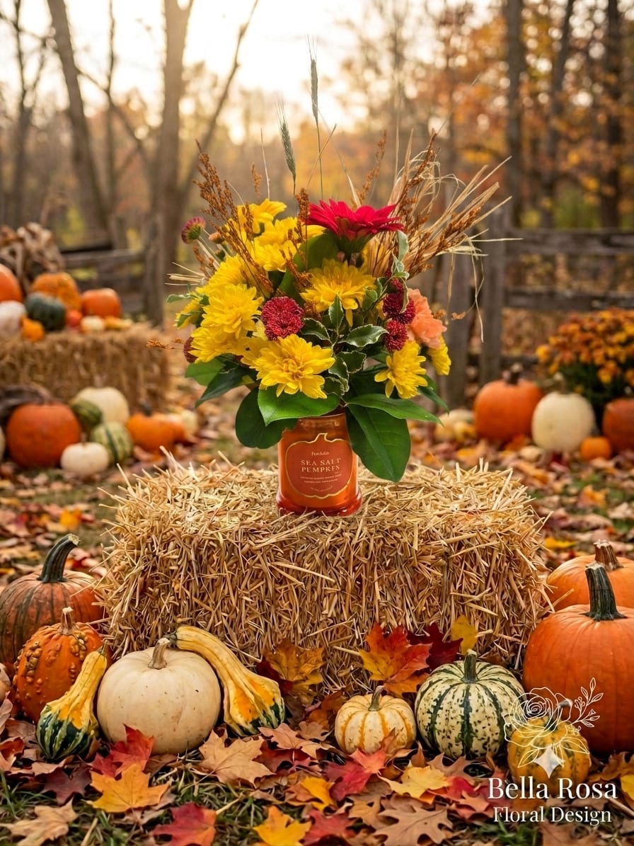 Fall flower arrangement in a candle jar surrounded by pumpkins and hay bales