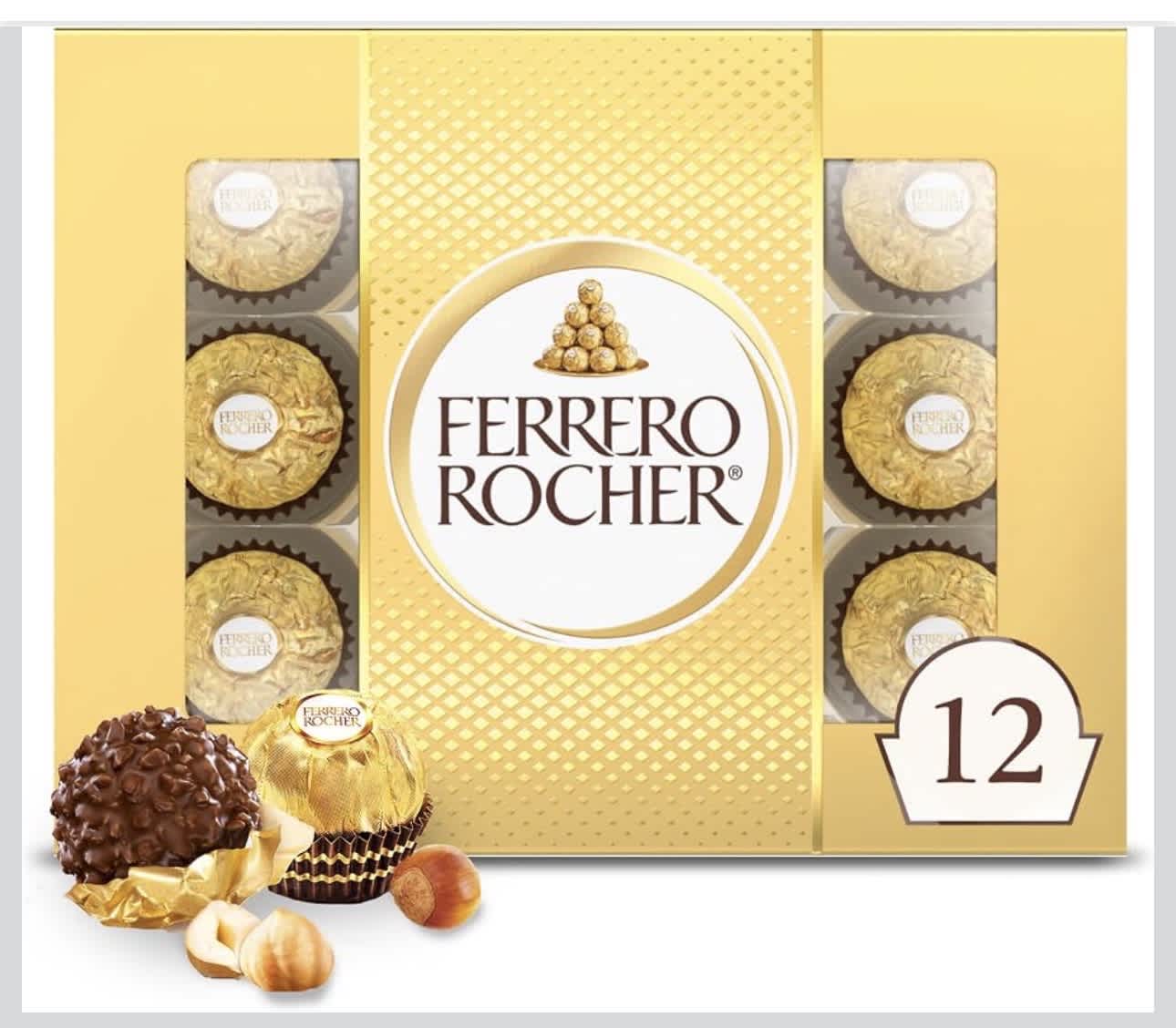 Box of Ferrero Rocher chocolates with wrapped hazelnut candies
