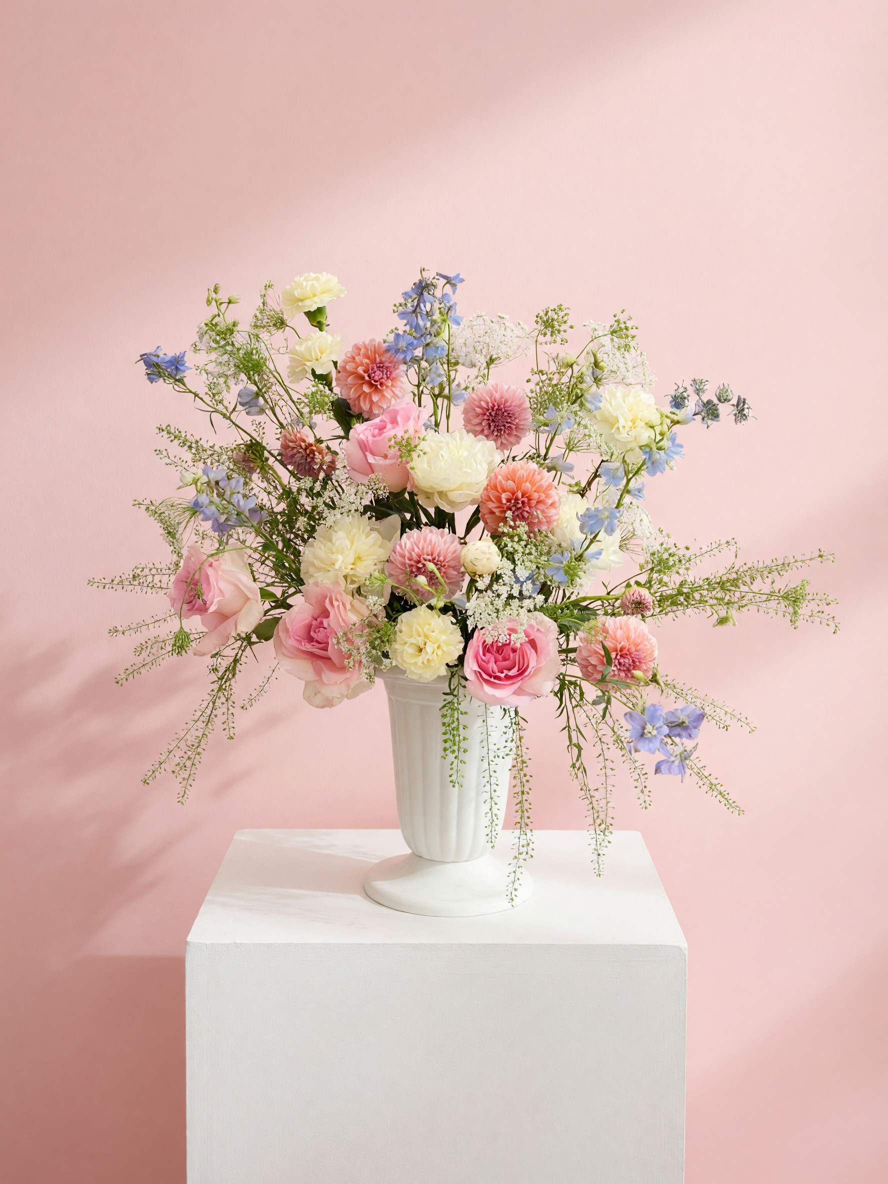 Pastel mixed flower arrangement in a white vase on a pedestal