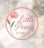 Pink flower logo with the words Little Peony Florist