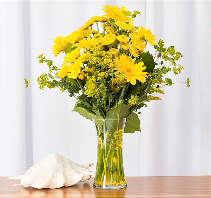 Tall bouquet of yellow gerbera daisies in a clear glass vase beside a white seashell.