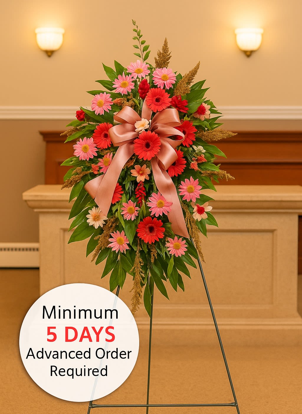 Tall sympathy spray of red and pink daisies with a peach bow on a metal easel in a chapel.