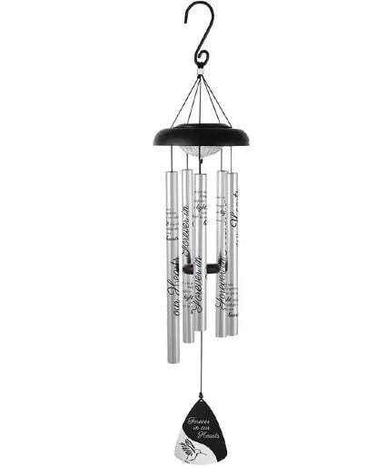 Black and silver memorial wind chime with engraved tubes and a dove charm