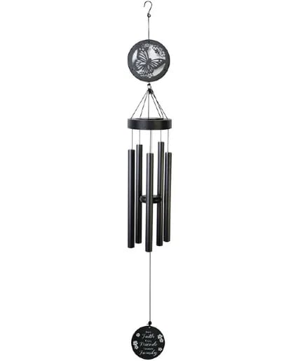 Black butterfly wind chime with hanging metal tubes