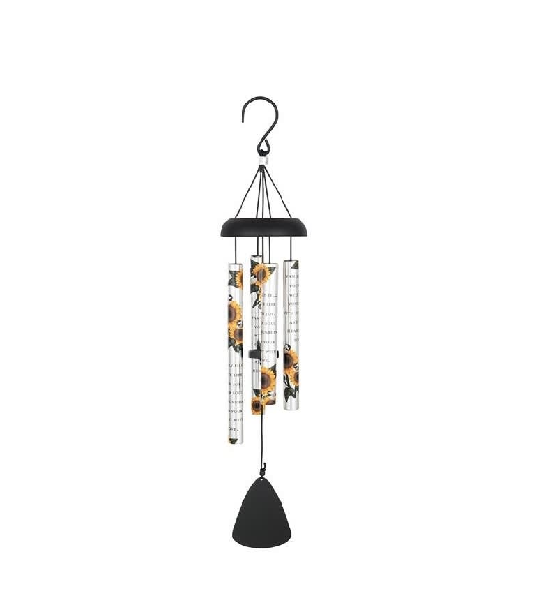 Hanging wind chime with sunflower-printed tubes and a black clapper