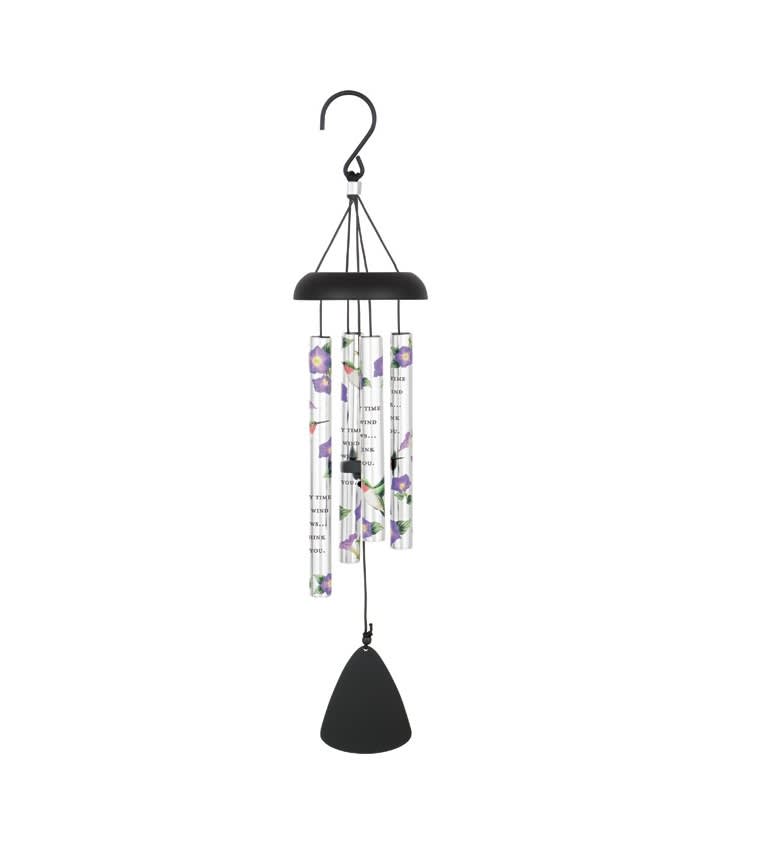 Hanging wind chime with purple floral tubes and a black clapper