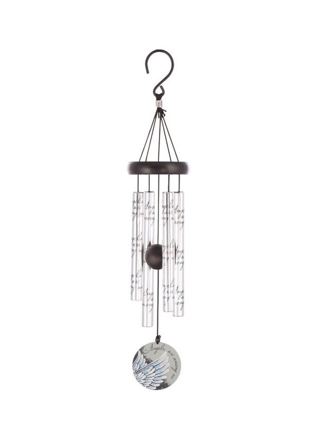 Hanging metal wind chime with clear tubes and a round angel medallion