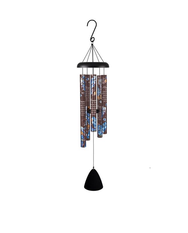 Black hanging wind chime with printed metal tubes and a clapper