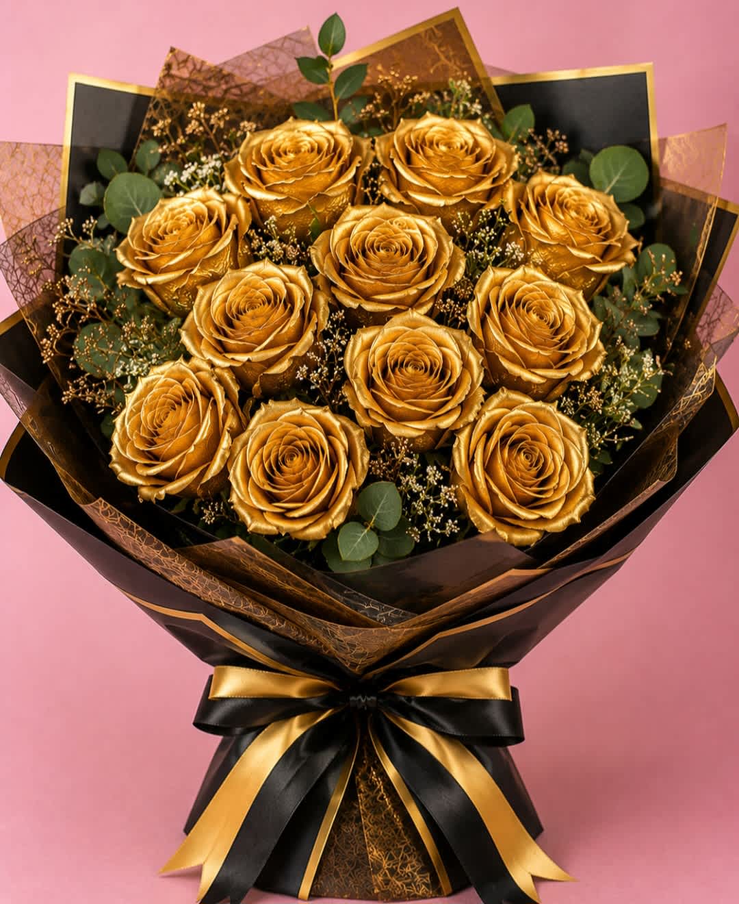 Bouquet of gold roses wrapped in black and gold paper with a ribbon