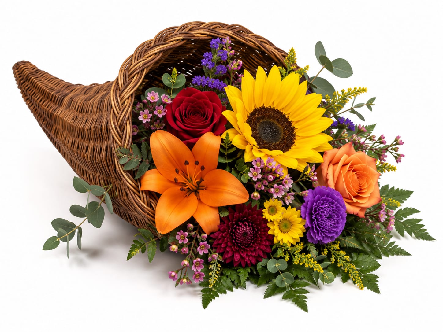 Wicker cornucopia filled with colorful mixed flowers