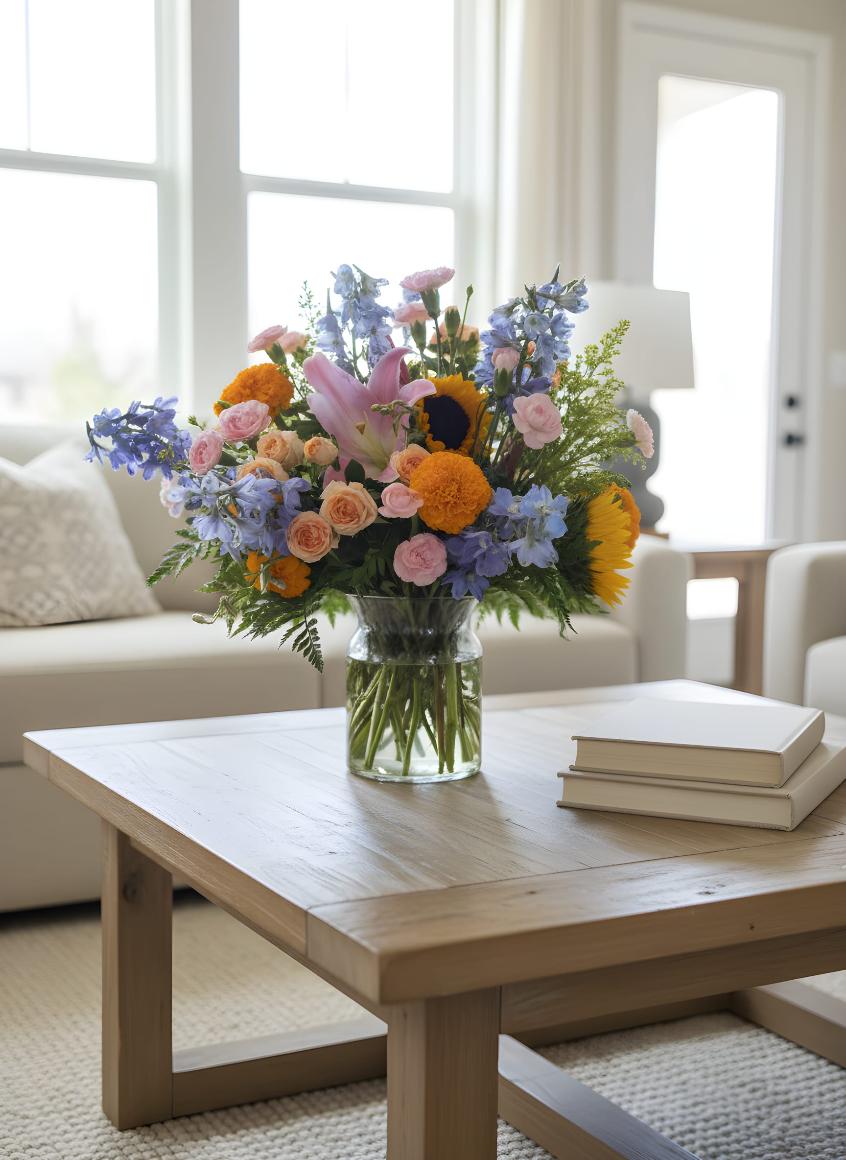 Mixed bouquet of pastel flowers in a glass vase on a coffee table