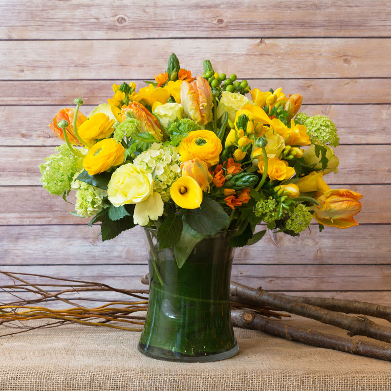 CITRUS DELIGHT ARRANGEMENT  - MIXED OF SUMMER AND SPRING WITH A CITRUS TASTE OF MINI-GREEN HYDRANGEAS, ORANGE PARROT TULIPS, ORANGE RANANCULUS, VIBURNUM HYDRANGEA, LIME GREEN ROSES, YELLOW FREESIA, GREEN HYPERICUM, YELLOW CALLA LILIES, AND CHINCHERINCHEE FLOWER.