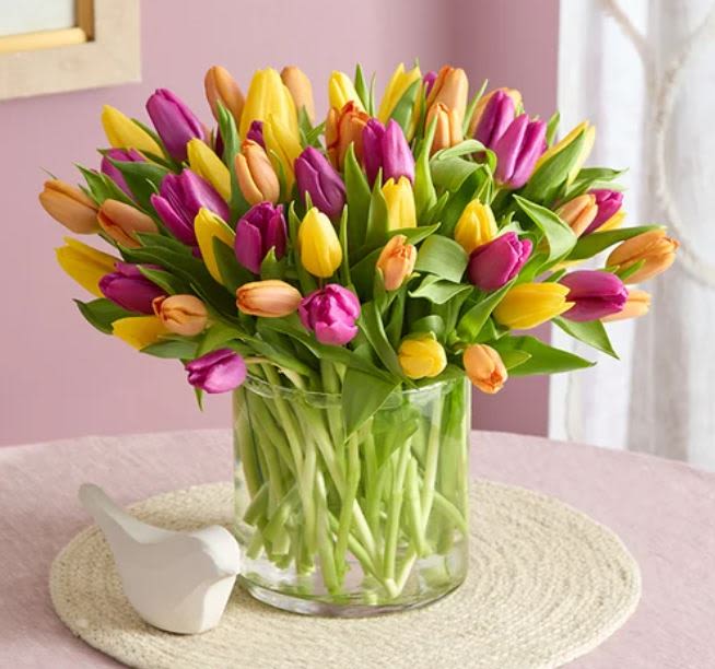 Bouquet of multicolored tulips in a clear glass vase
