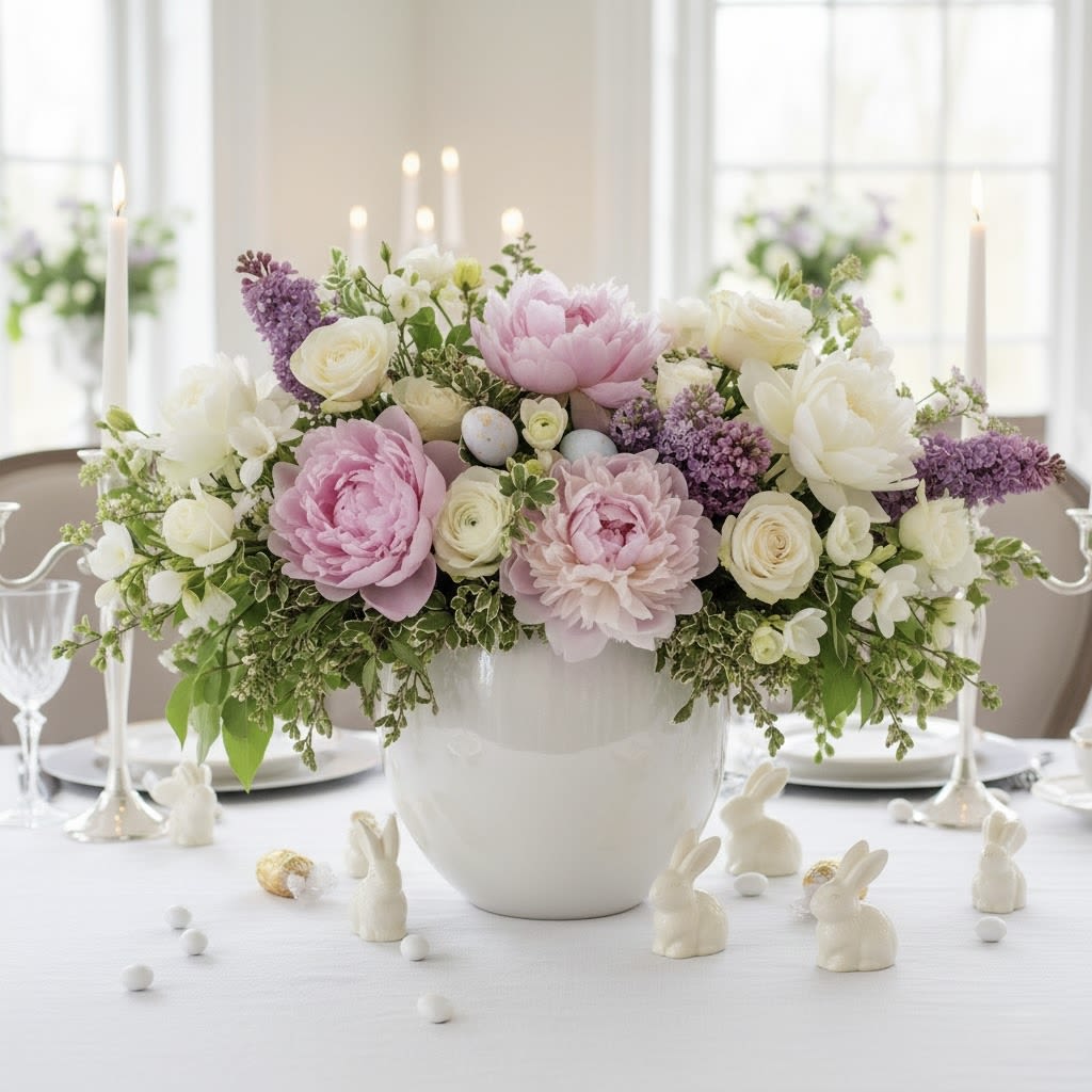 Pink and white floral centerpiece in a white vase