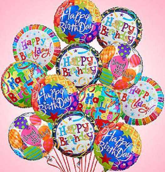 Bouquet of colorful round Happy Birthday foil balloons on strings