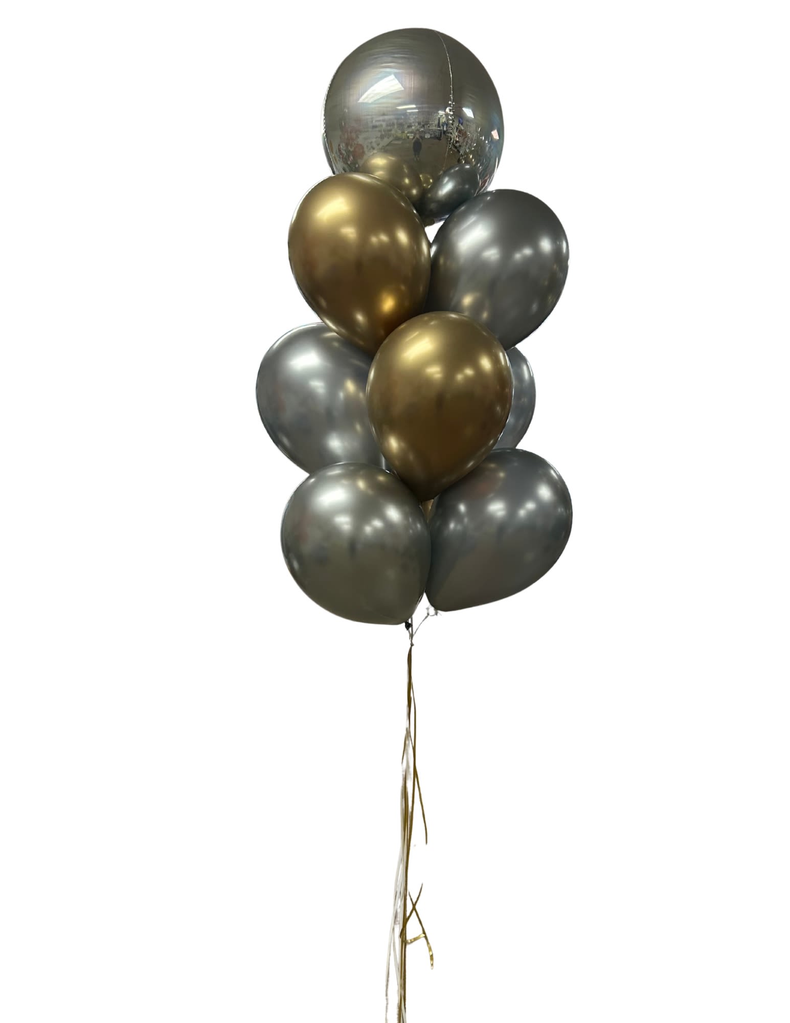 Cluster of metallic gold and silver balloons with long ribbons