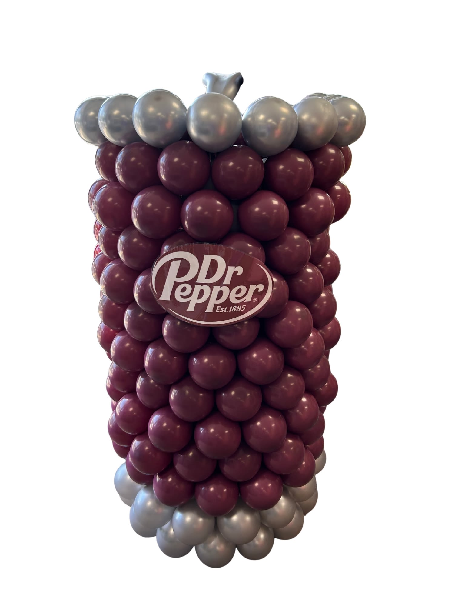 Tall balloon column in burgundy and silver with a Dr Pepper logo